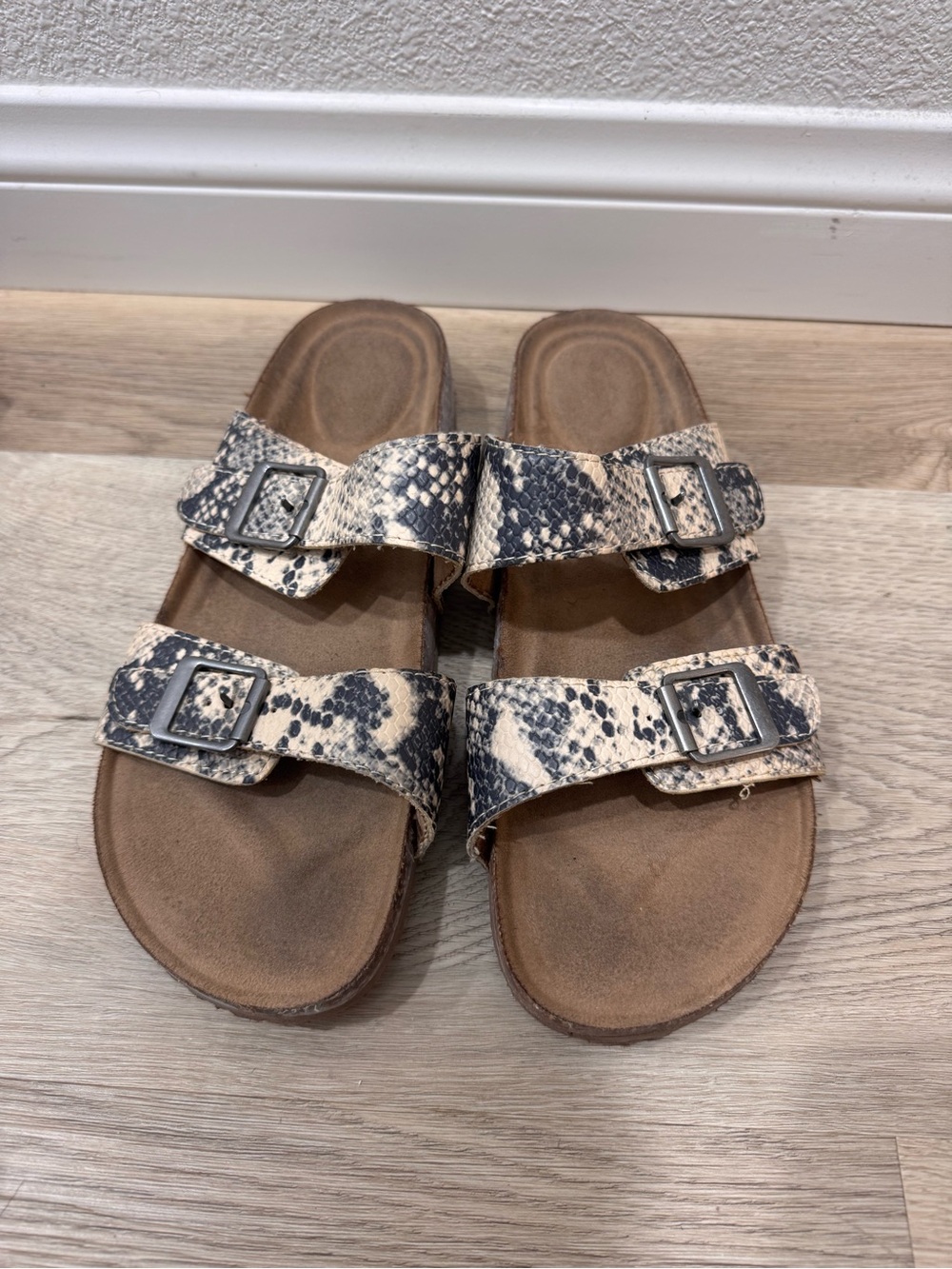 Time and Tru Snake Print Double Buckle Slide Sandals in Black and Cream